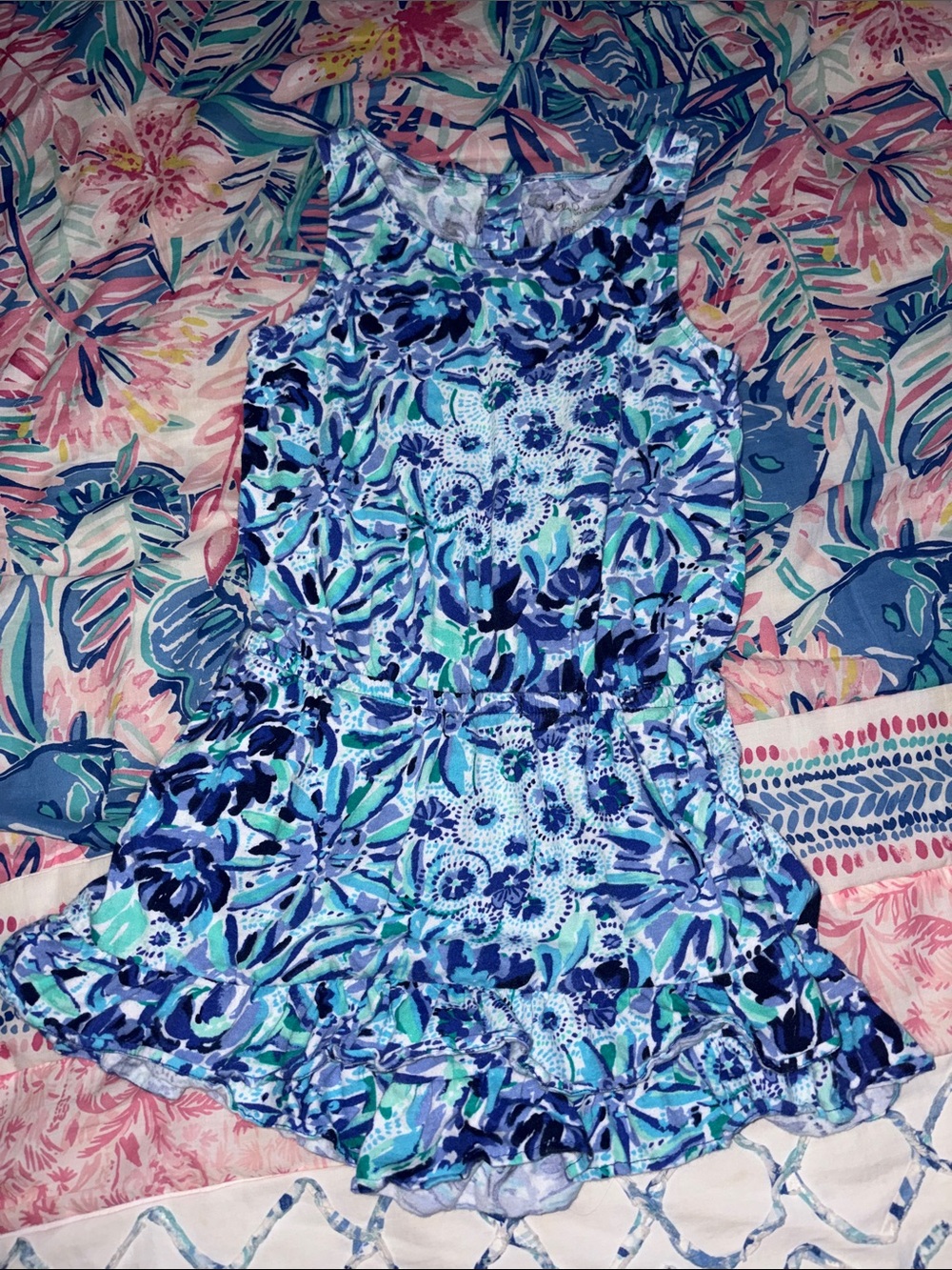 Girls Lilly Pulitzer Blue Floral Tank One-Piece Romper with Ruffle Hem